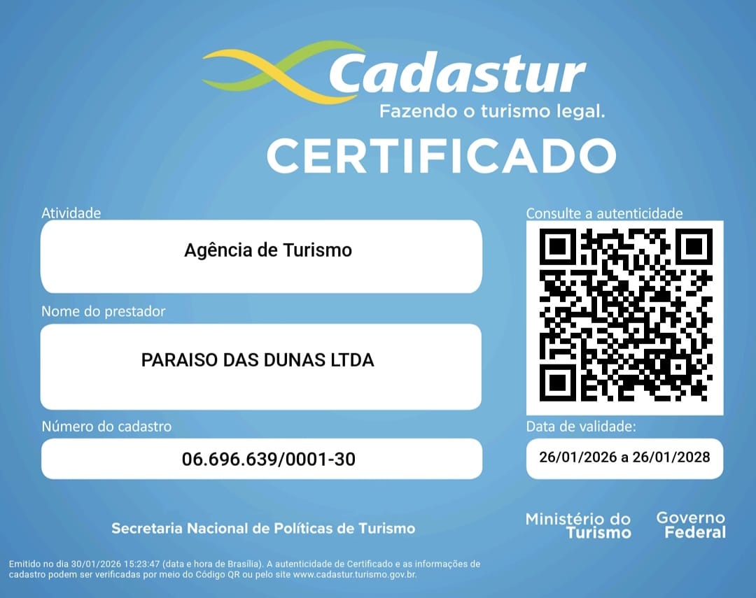 Certificado Cadastur — Paraíso das Dunas Ltda — Agência de Turismo